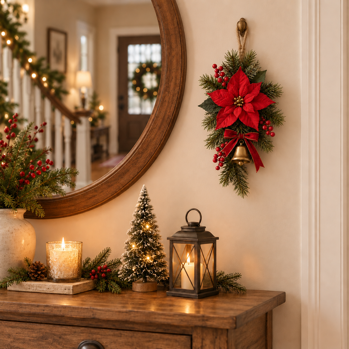 Klassieke rode kerstslinger met kerststerren voor aan de deur