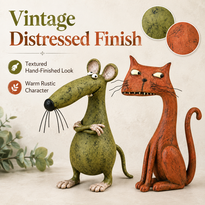 Speels vintage beeldje van een muis en een kat