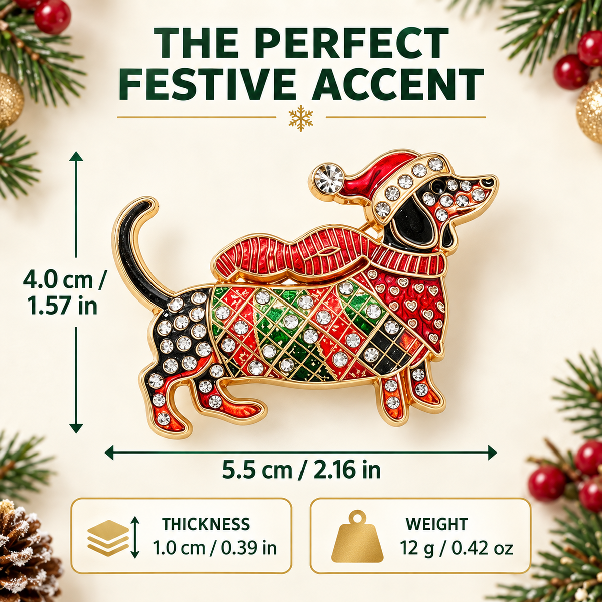 Broche met teckel in beperkte oplage voor Kerstmis – Feestelijke teckel-broche