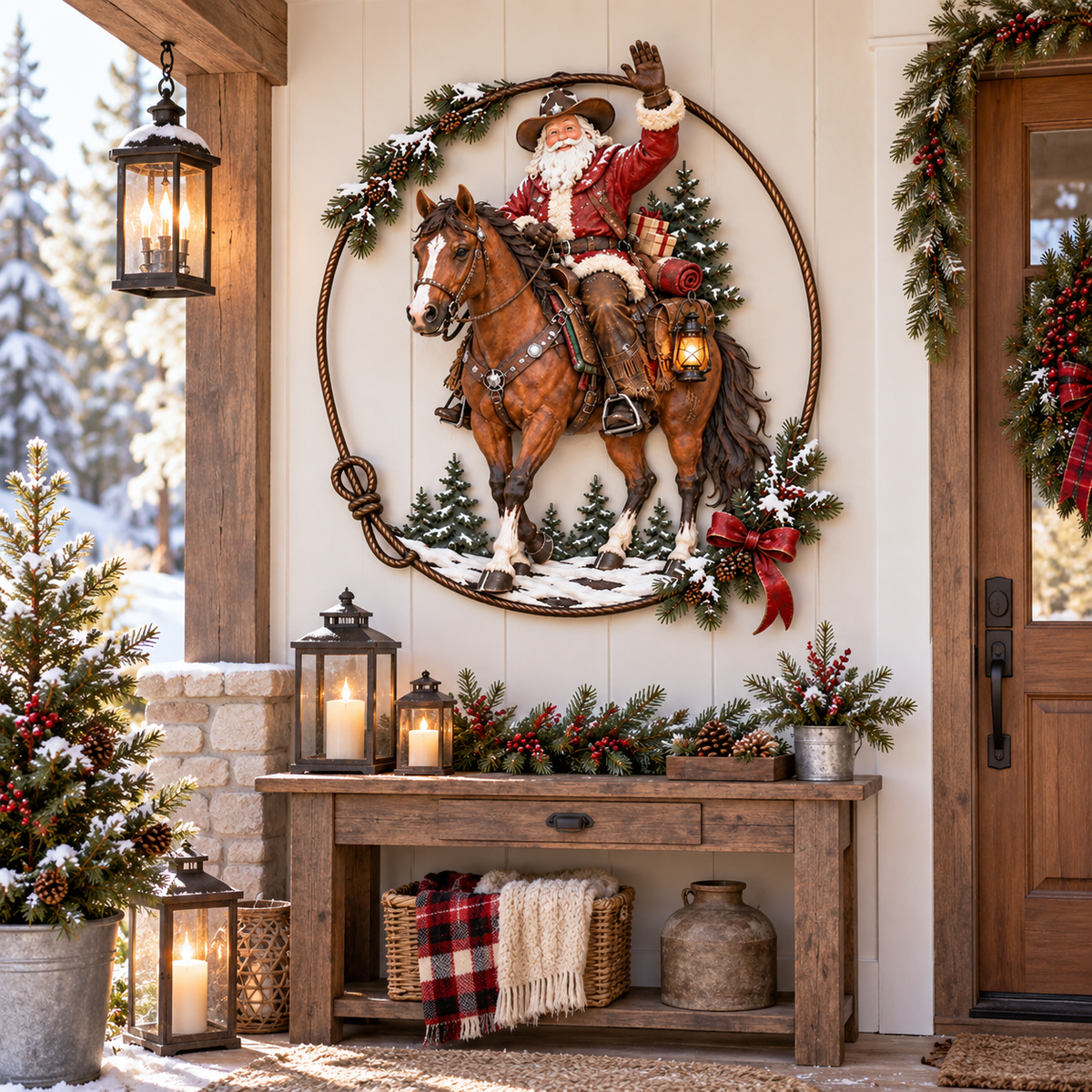 🤠🐎 Cowboy Santa Ranch kerstwanddecoratie – Rustiek paard en lasso als feestelijke accent