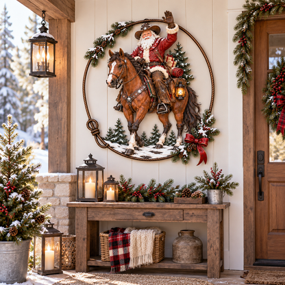 🤠🐎 Cowboy Santa Ranch kerstwanddecoratie – Rustiek paard en lasso als feestelijke accent