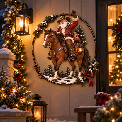 🤠🐎 Cowboy Santa Ranch kerstwanddecoratie – Rustiek paard en lasso als feestelijke accent