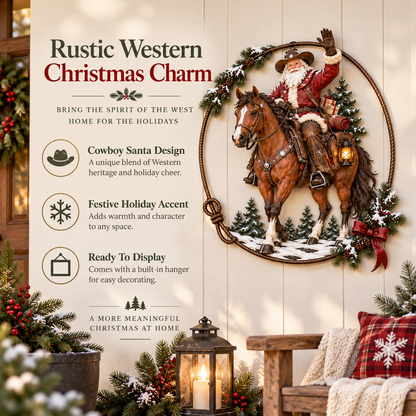 🤠🐎 Cowboy Santa Ranch kerstwanddecoratie – Rustiek paard en lasso als feestelijke accent