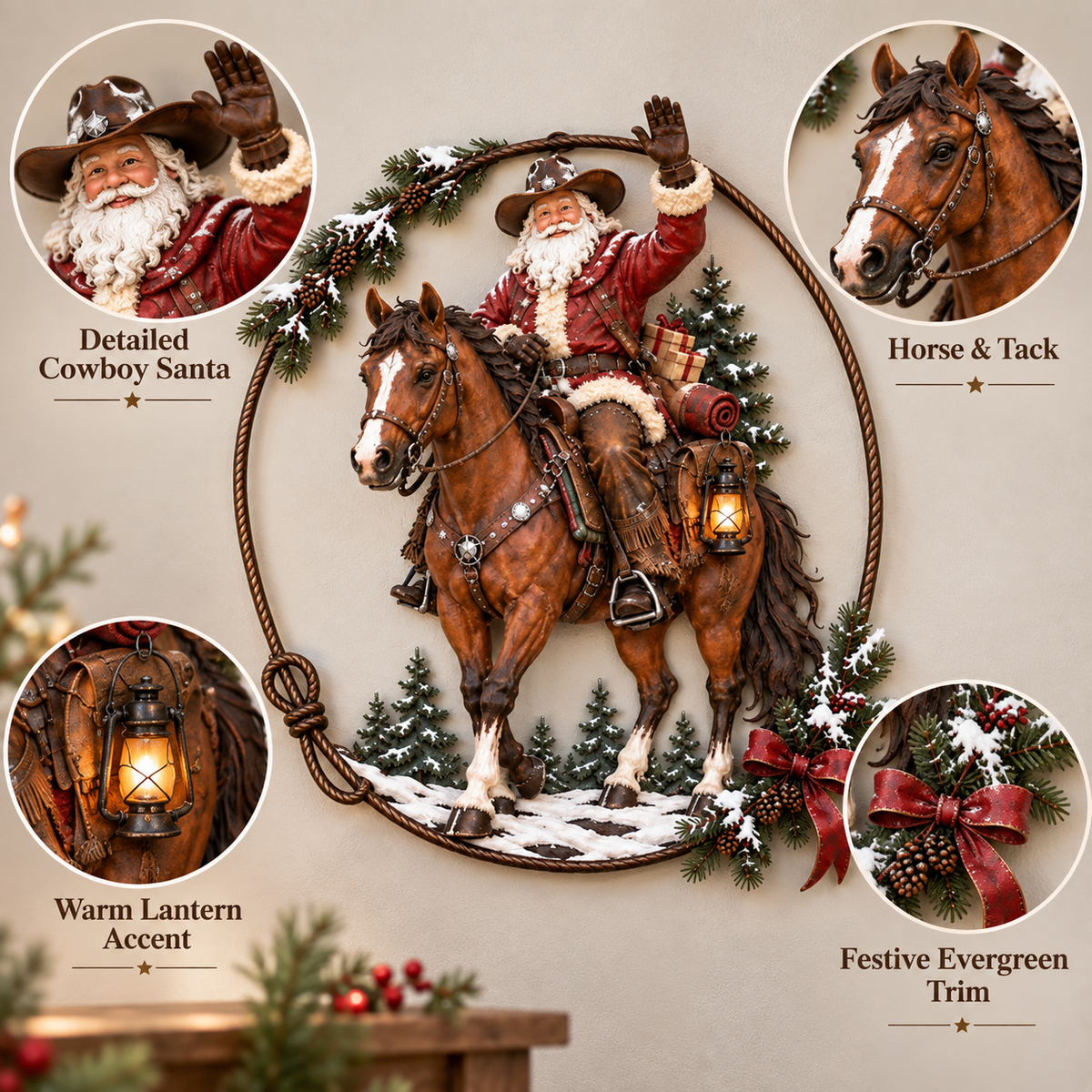 🤠🐎 Cowboy Santa Ranch kerstwanddecoratie – Rustiek paard en lasso als feestelijke accent