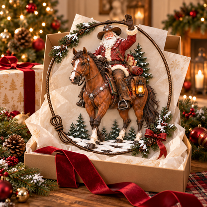 🤠🐎 Cowboy Santa Ranch kerstwanddecoratie – Rustiek paard en lasso als feestelijke accent