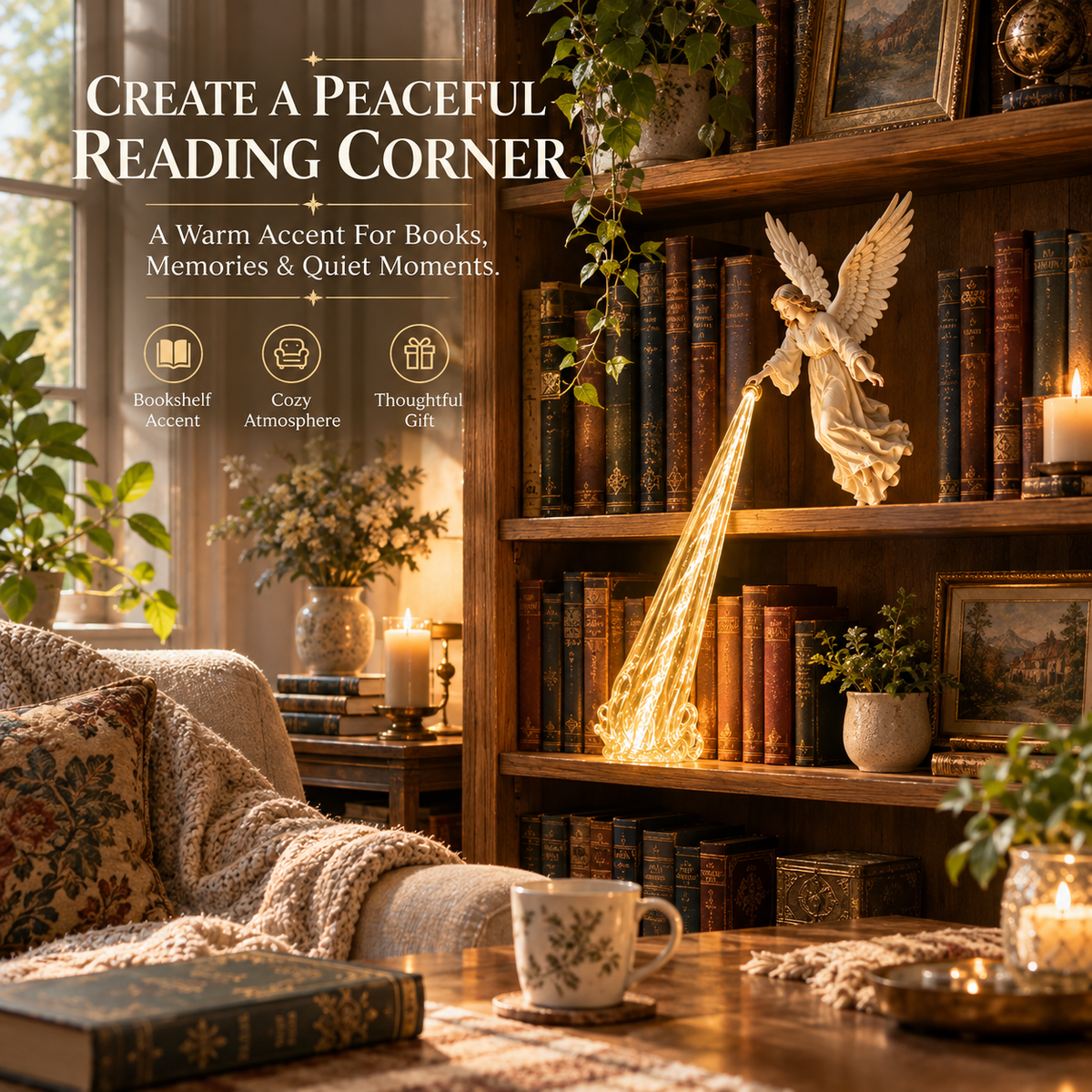 🎁 Hemelse beschermer — Angel Beam-boekenplankversiering