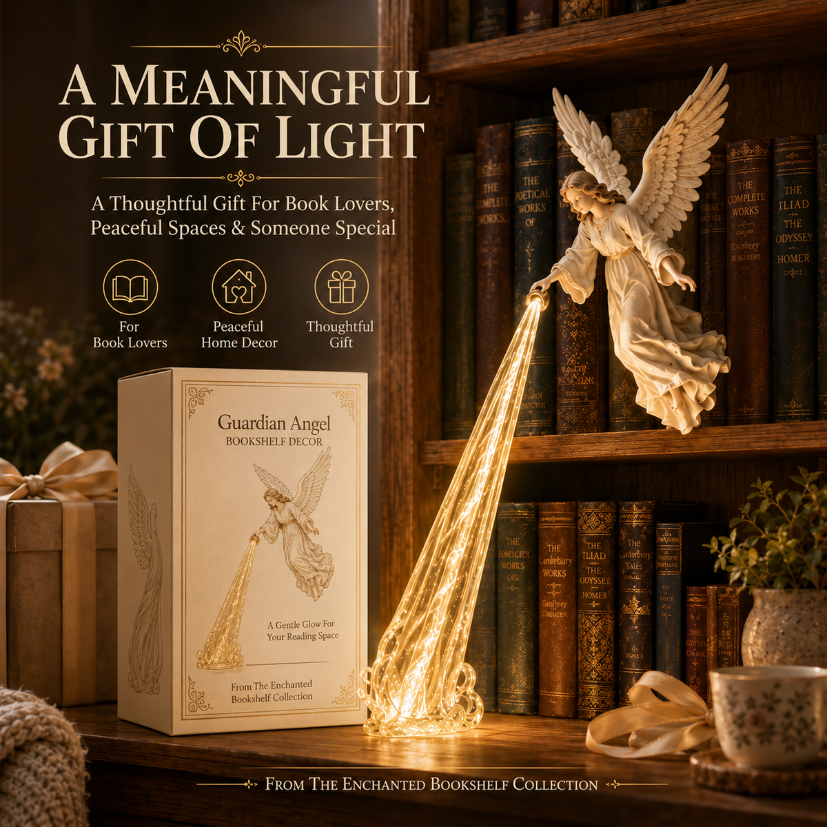 🎁 Hemelse beschermer — Angel Beam-boekenplankversiering