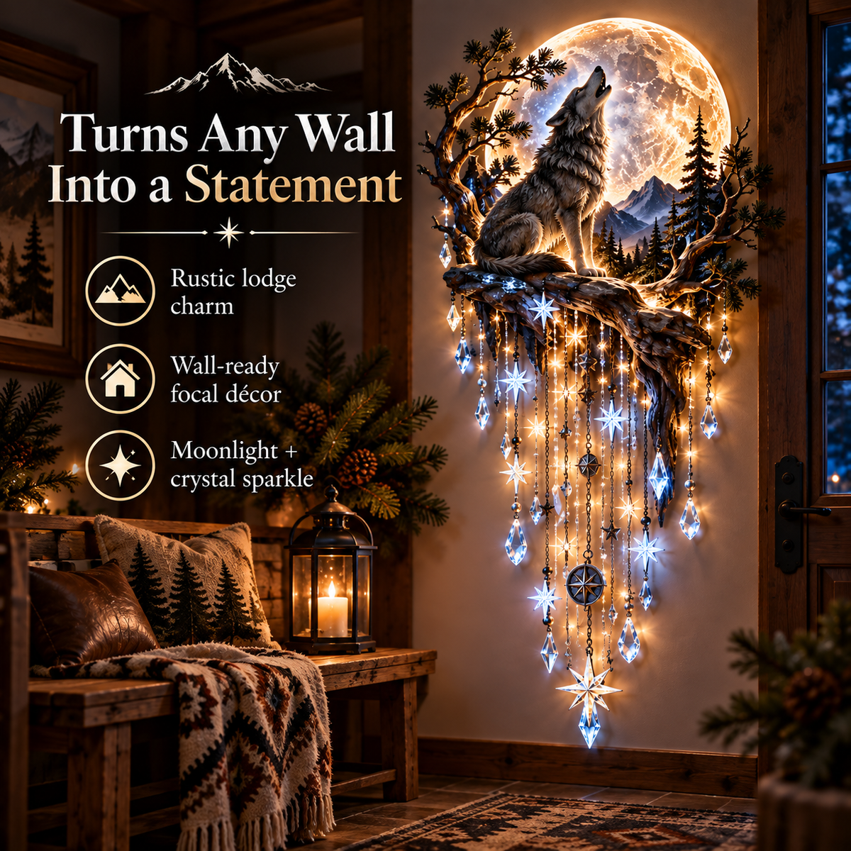 🐺🌕 Wolf Howling Moon Starfall wandlamp – Haal de wildernis in huis
