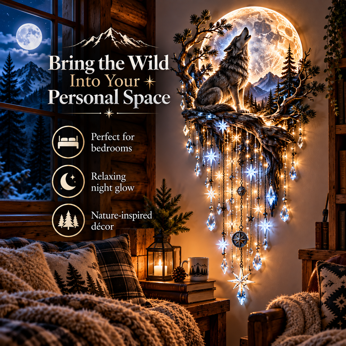 🐺🌕 Wolf Howling Moon Starfall wandlamp – Haal de wildernis in huis