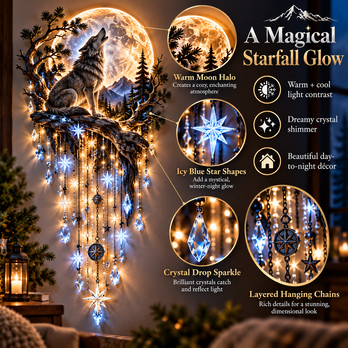 🐺🌕 Wolf Howling Moon Starfall wandlamp – Haal de wildernis in huis