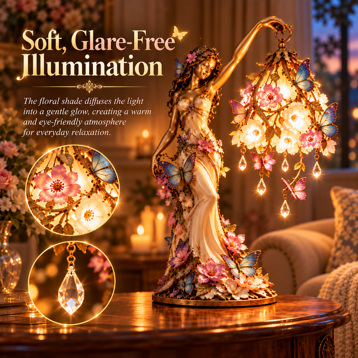 🦋 Butterfly Lady-accentlamp – Elegante bloemengodin-lamp met kristallen druppels