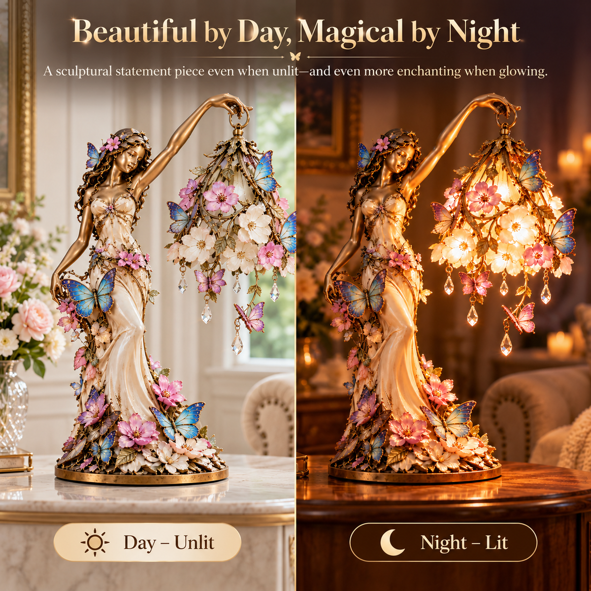 🦋 Butterfly Lady-accentlamp – Elegante bloemengodin-lamp met kristallen druppels