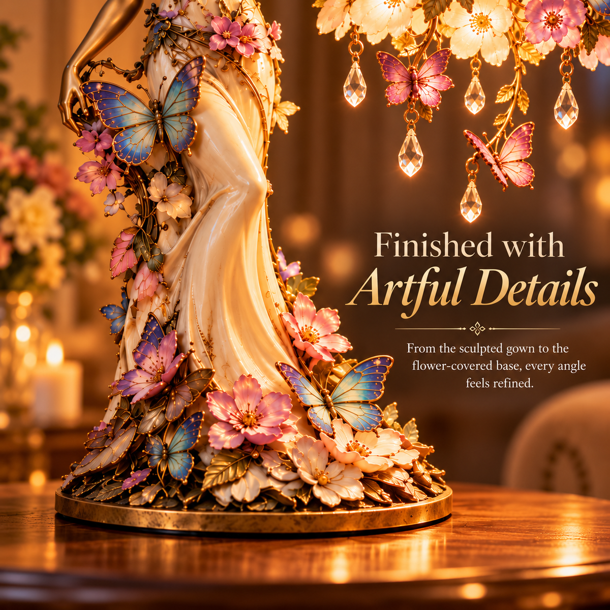 🦋 Butterfly Lady-accentlamp – Elegante bloemengodin-lamp met kristallen druppels