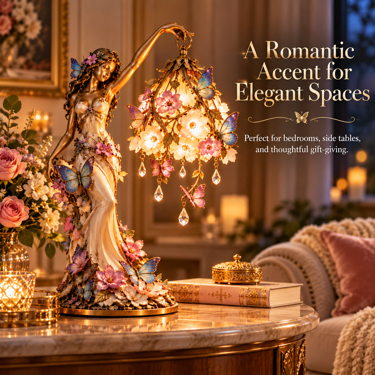 🦋 Butterfly Lady-accentlamp – Elegante bloemengodin-lamp met kristallen druppels