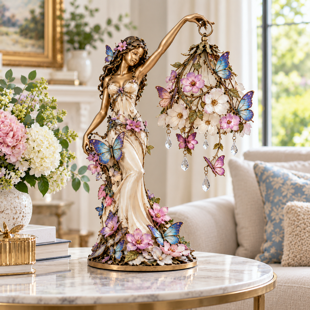 🦋 Butterfly Lady-accentlamp – Elegante bloemengodin-lamp met kristallen druppels