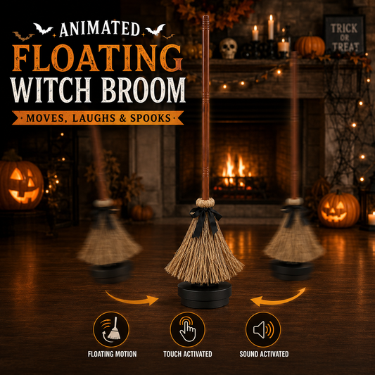 🧙‍♀️🪄 Geanimeerde zwevende heksenbezem als Halloween-decoratie | Wordt geactiveerd door geluid en aanraking🧹