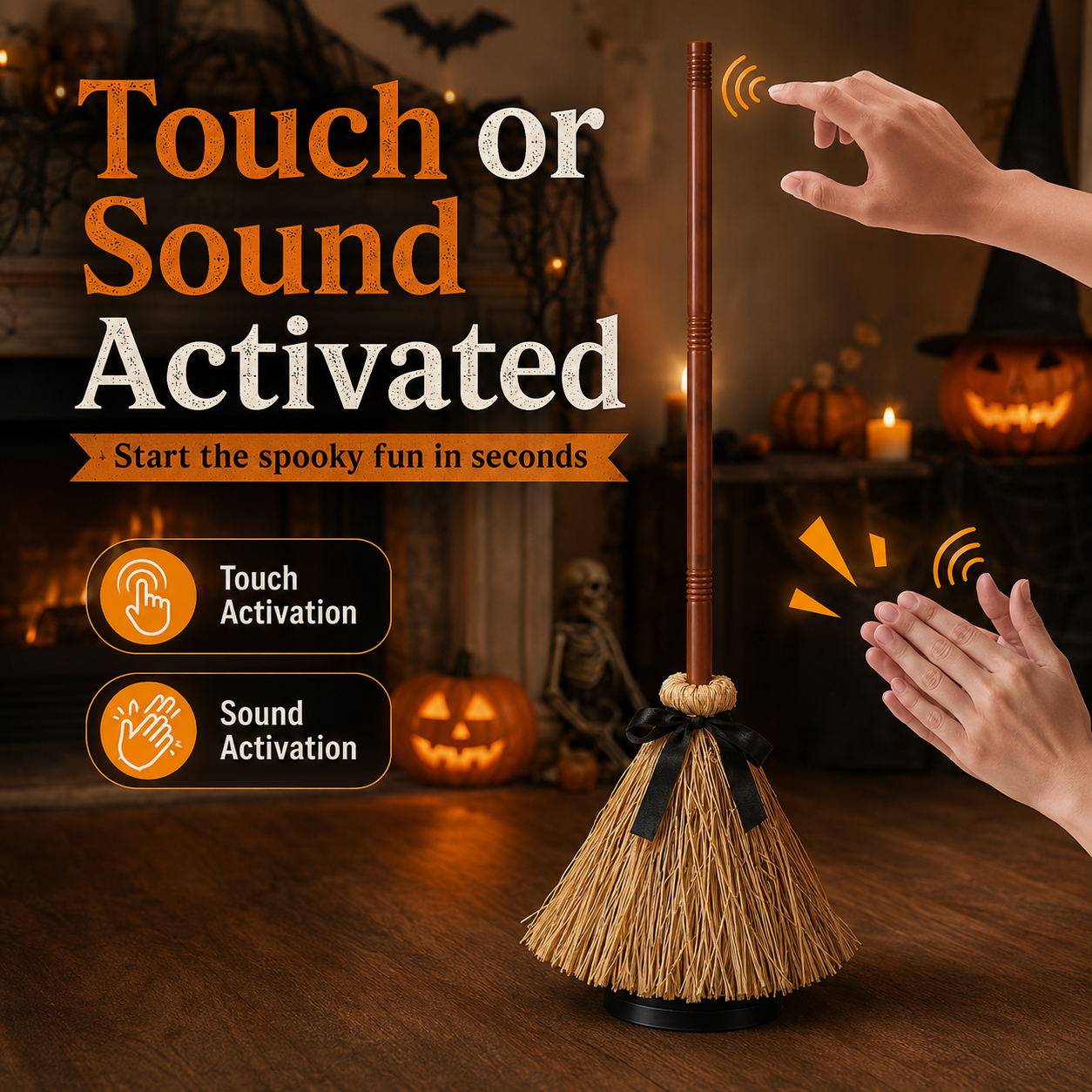 🧙‍♀️🪄 Geanimeerde zwevende heksenbezem als Halloween-decoratie | Wordt geactiveerd door geluid en aanraking🧹