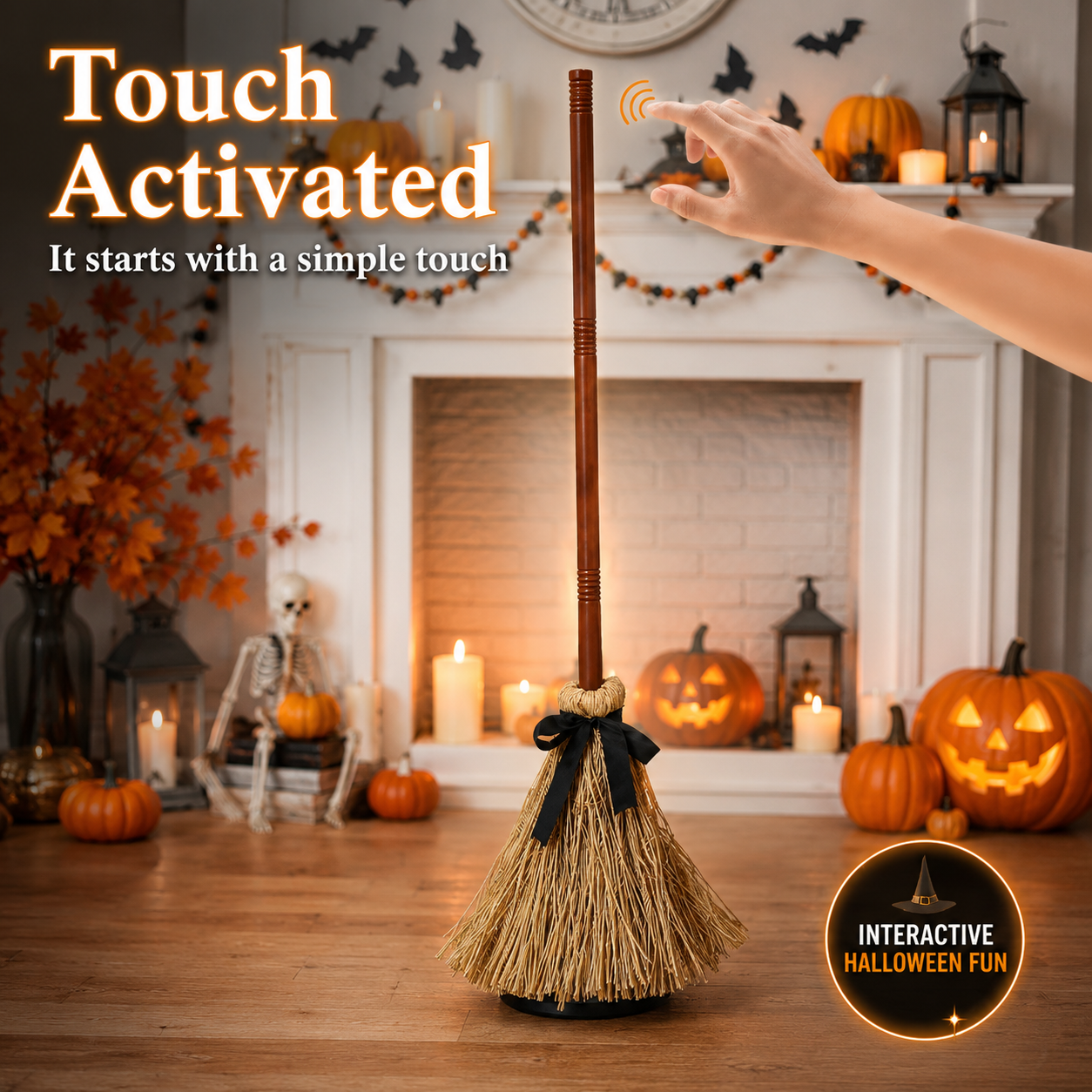 🧙‍♀️🪄 Geanimeerde zwevende heksenbezem als Halloween-decoratie | Wordt geactiveerd door geluid en aanraking🧹