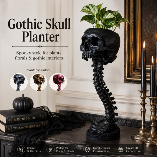 Gotische schedelplantenbak en skeletvaas, 11.6 inch / 29.5 cm – griezelige woondecoratie