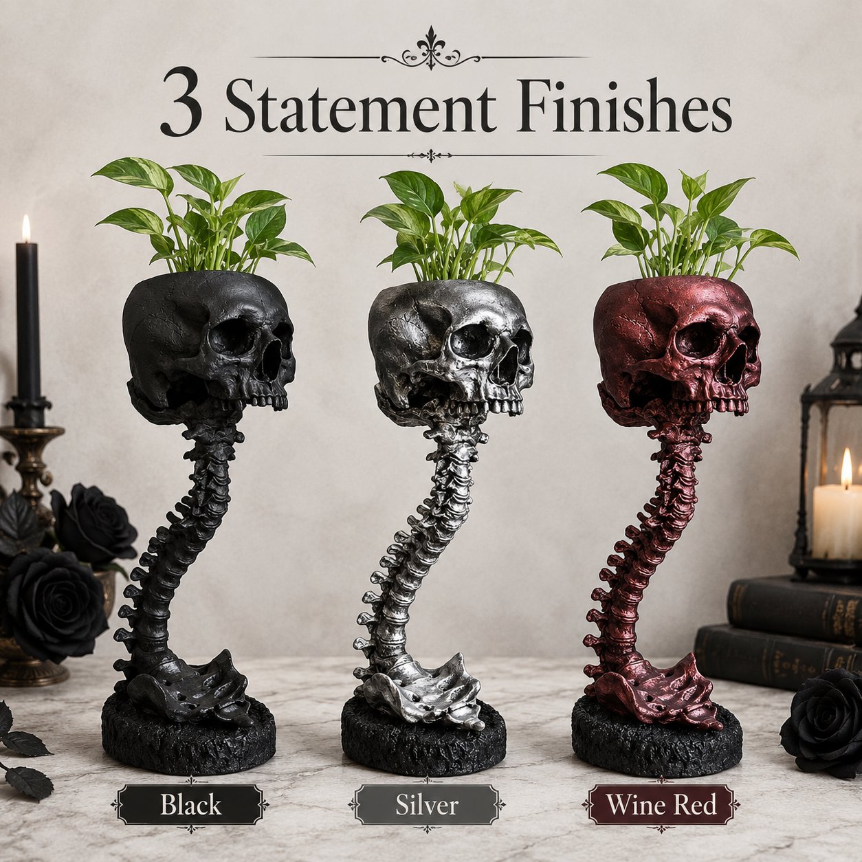 Gotische schedelplantenbak en skeletvaas, 11.6 inch / 29.5 cm – griezelige woondecoratie