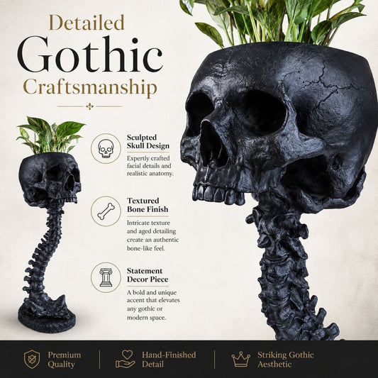 Gotische schedelplantenbak en skeletvaas, 11.6 inch / 29.5 cm – griezelige woondecoratie