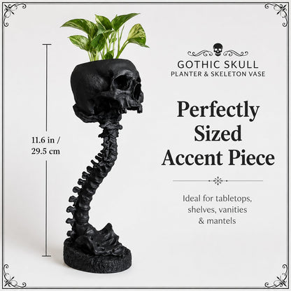 Gotische schedelplantenbak en skeletvaas, 11.6 inch / 29.5 cm – griezelige woondecoratie