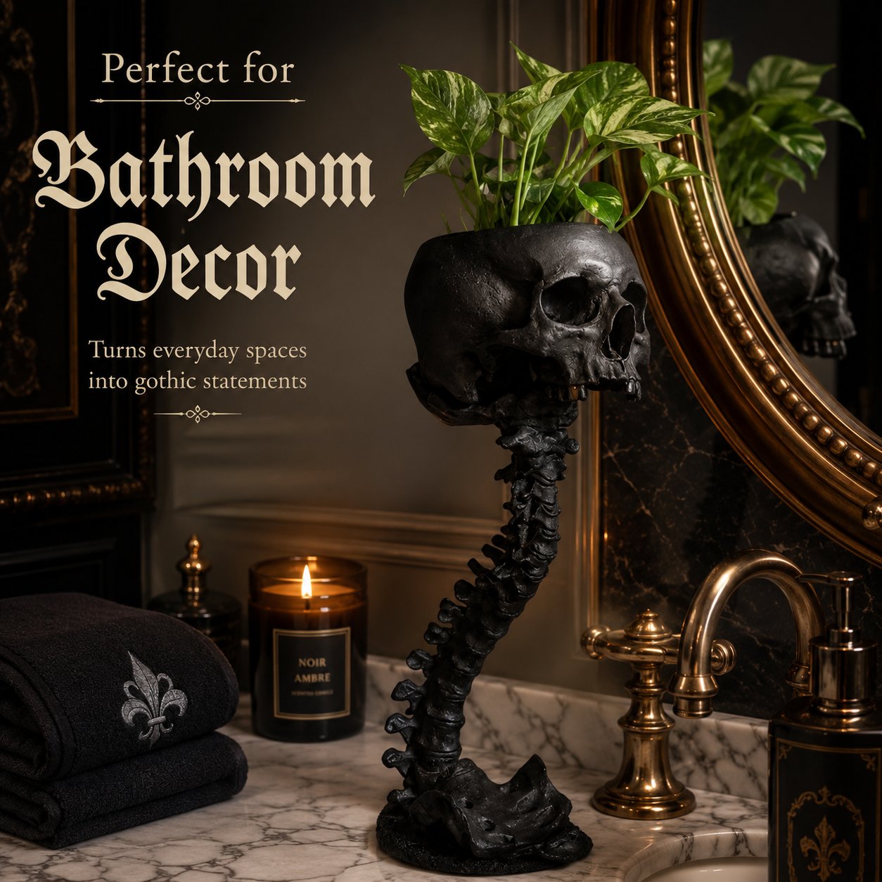 Gotische schedelplantenbak en skeletvaas, 11.6 inch / 29.5 cm – griezelige woondecoratie