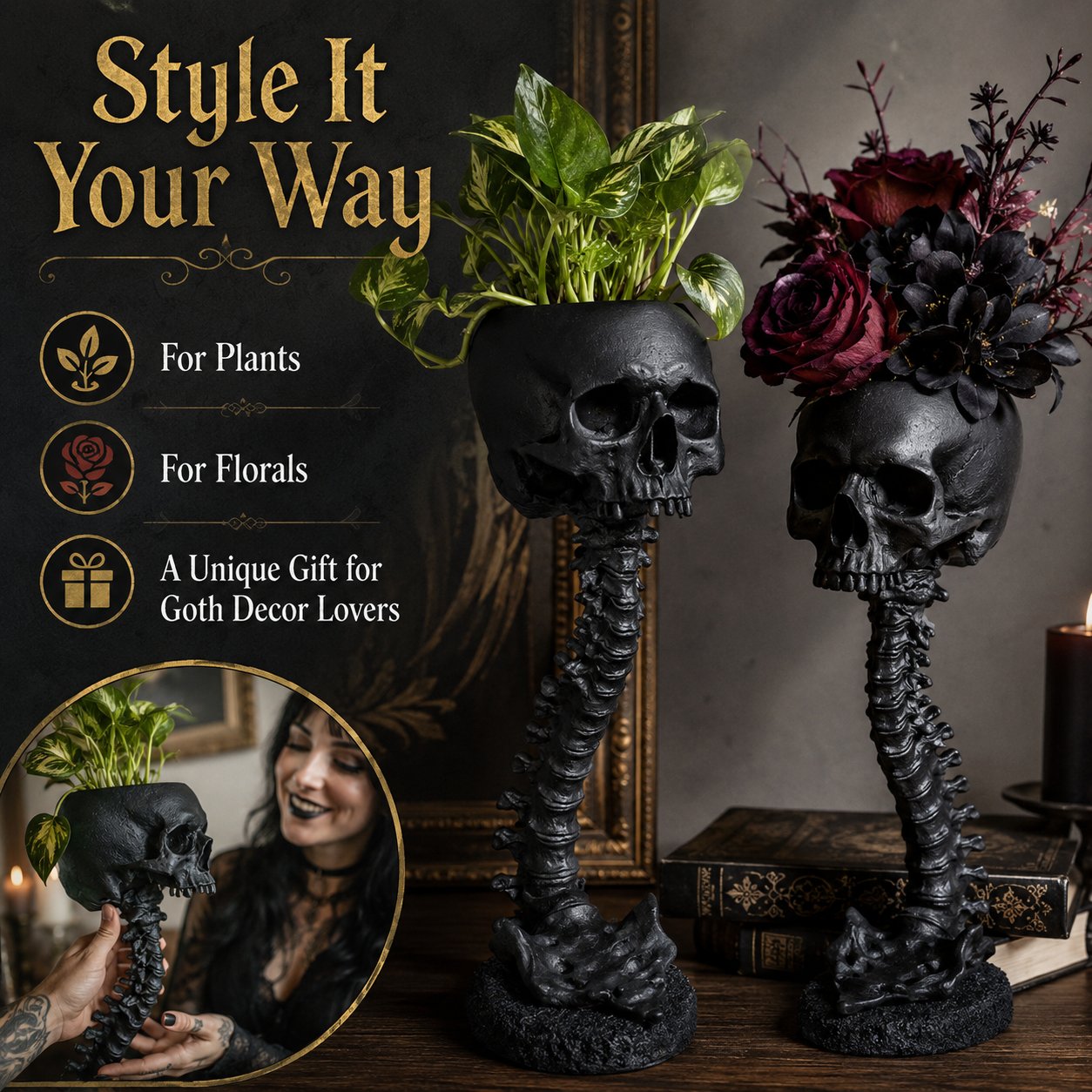 Gotische schedelplantenbak en skeletvaas, 11.6 inch / 29.5 cm – griezelige woondecoratie
