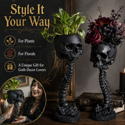 Gotische schedelplantenbak en skeletvaas, 11.6 inch / 29.5 cm – griezelige woondecoratie