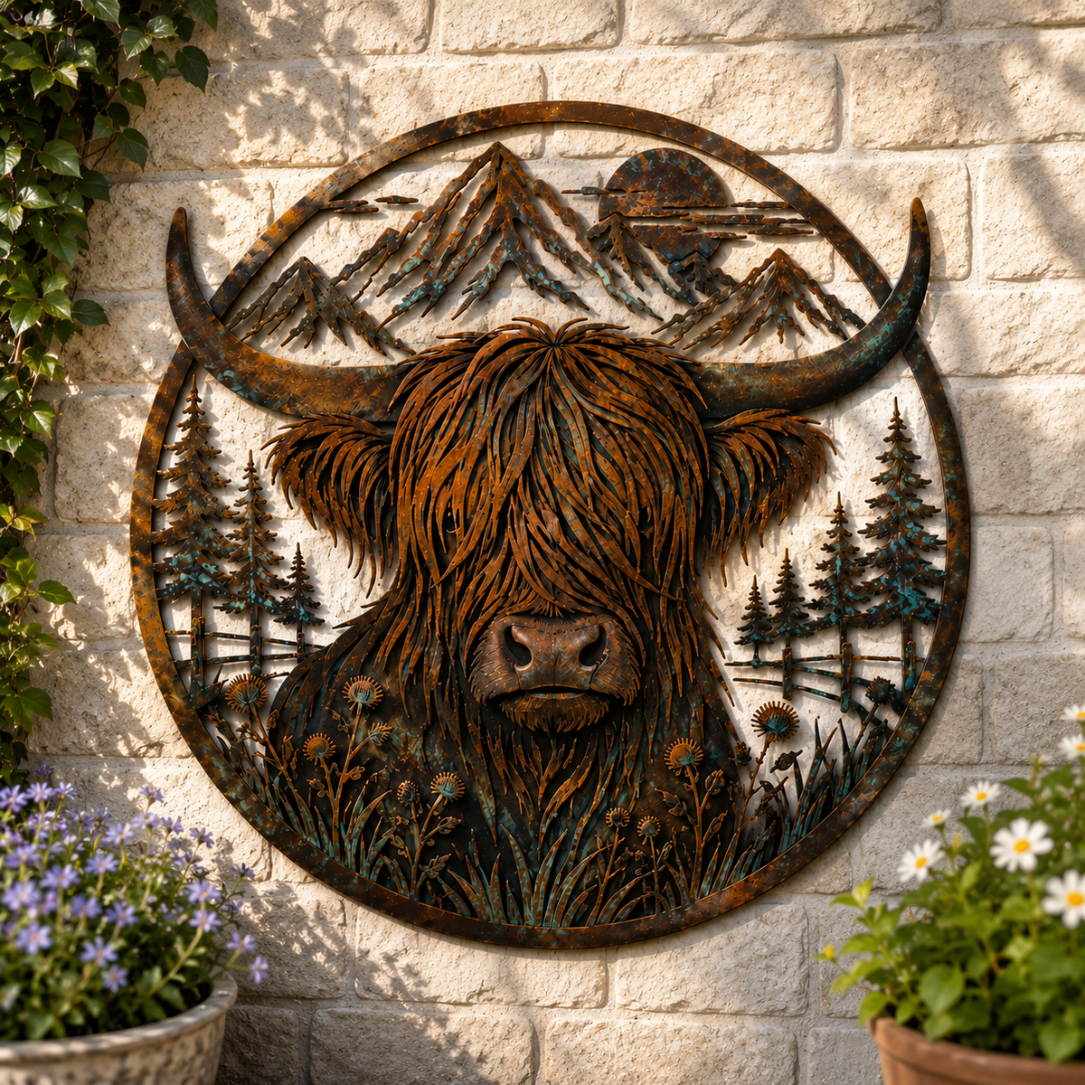 🐂Metalen wanddecoratie met berglandschap en Highland-koe🏔️