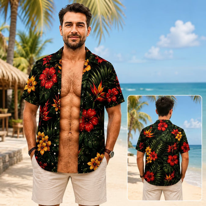 Grappig spier-T-shirt voor heren, T-shirt met Hawaiiaanse-hemd-illusie, gepersonaliseerd 3D-T-shirt met nep-open-hemd-effect💪🔥