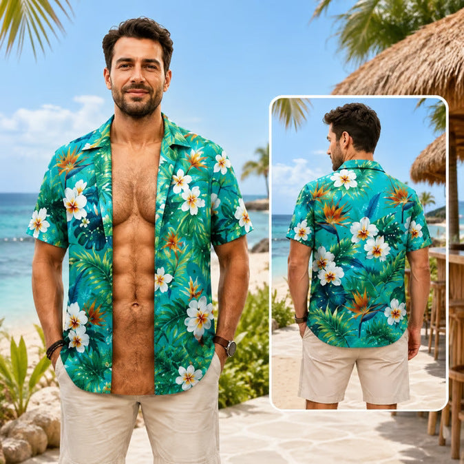 Grappig spier-T-shirt voor heren, T-shirt met Hawaiiaanse-hemd-illusie, gepersonaliseerd 3D-T-shirt met nep-open-hemd-effect💪🔥