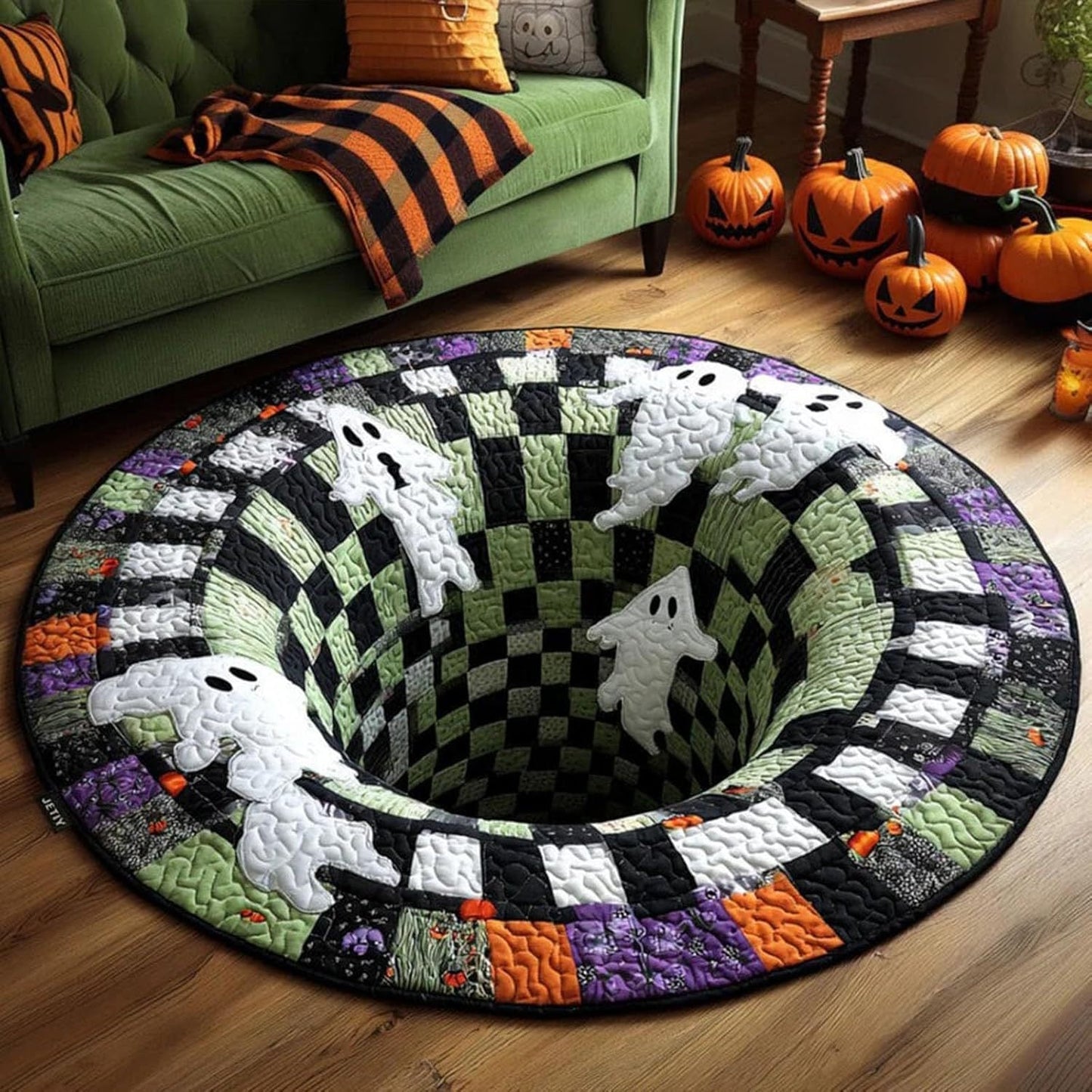🎃3D-skelet met wervelmotief, gewatteerd, rond Halloween-vloerkleed