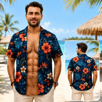 Grappig spier-T-shirt voor heren, T-shirt met Hawaiiaanse-hemd-illusie, gepersonaliseerd 3D-T-shirt met nep-open-hemd-effect💪🔥
