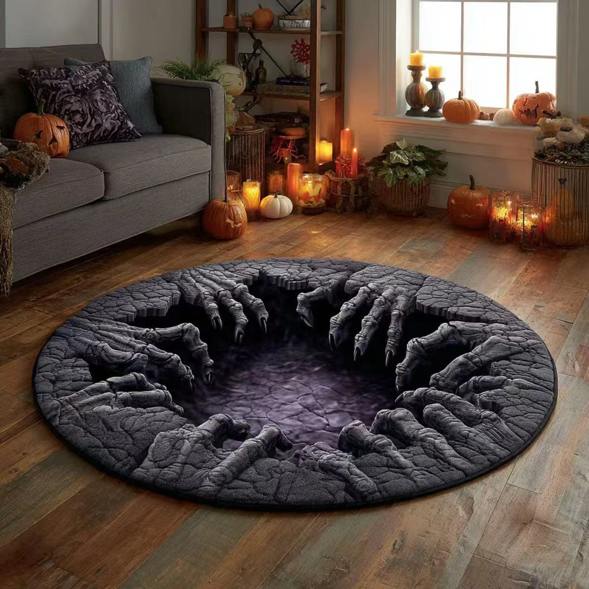 🎃3D-skelet met wervelmotief, gewatteerd, rond Halloween-vloerkleed