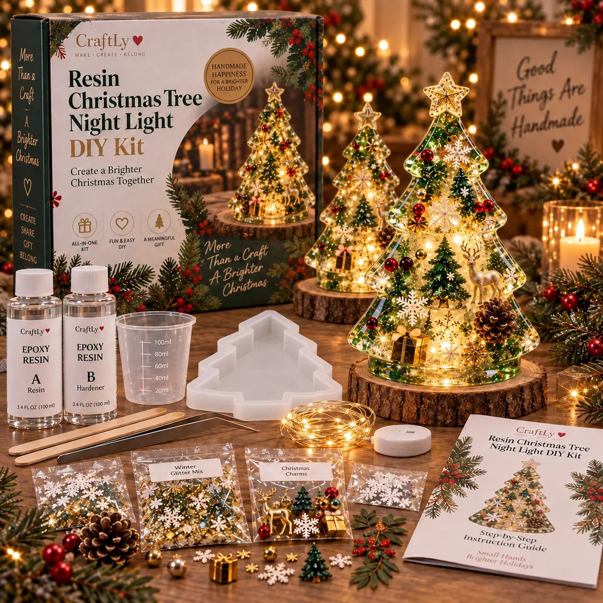 🎄DIY-set voor een kerstboom-nachtlampje van hars, geschikt voor beginners | Complete set met mal, hars, kerstverlichting en feestelijke versieringen ✨