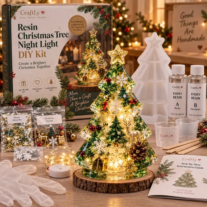 🎄DIY-set voor een kerstboom-nachtlampje van hars, geschikt voor beginners | Complete set met mal, hars, kerstverlichting en feestelijke versieringen ✨