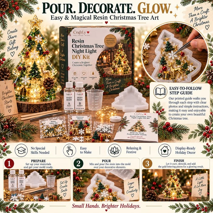 🎄DIY-set voor een kerstboom-nachtlampje van hars, geschikt voor beginners | Complete set met mal, hars, kerstverlichting en feestelijke versieringen ✨