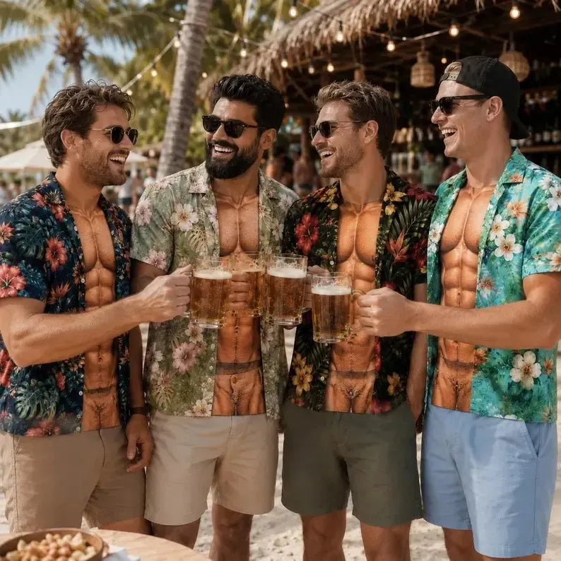 Grappig spier-T-shirt voor heren, T-shirt met Hawaiiaanse-hemd-illusie, gepersonaliseerd 3D-T-shirt met nep-open-hemd-effect💪🔥