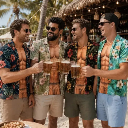 Grappig spier-T-shirt voor heren, T-shirt met Hawaiiaanse-hemd-illusie, gepersonaliseerd 3D-T-shirt met nep-open-hemd-effect💪🔥
