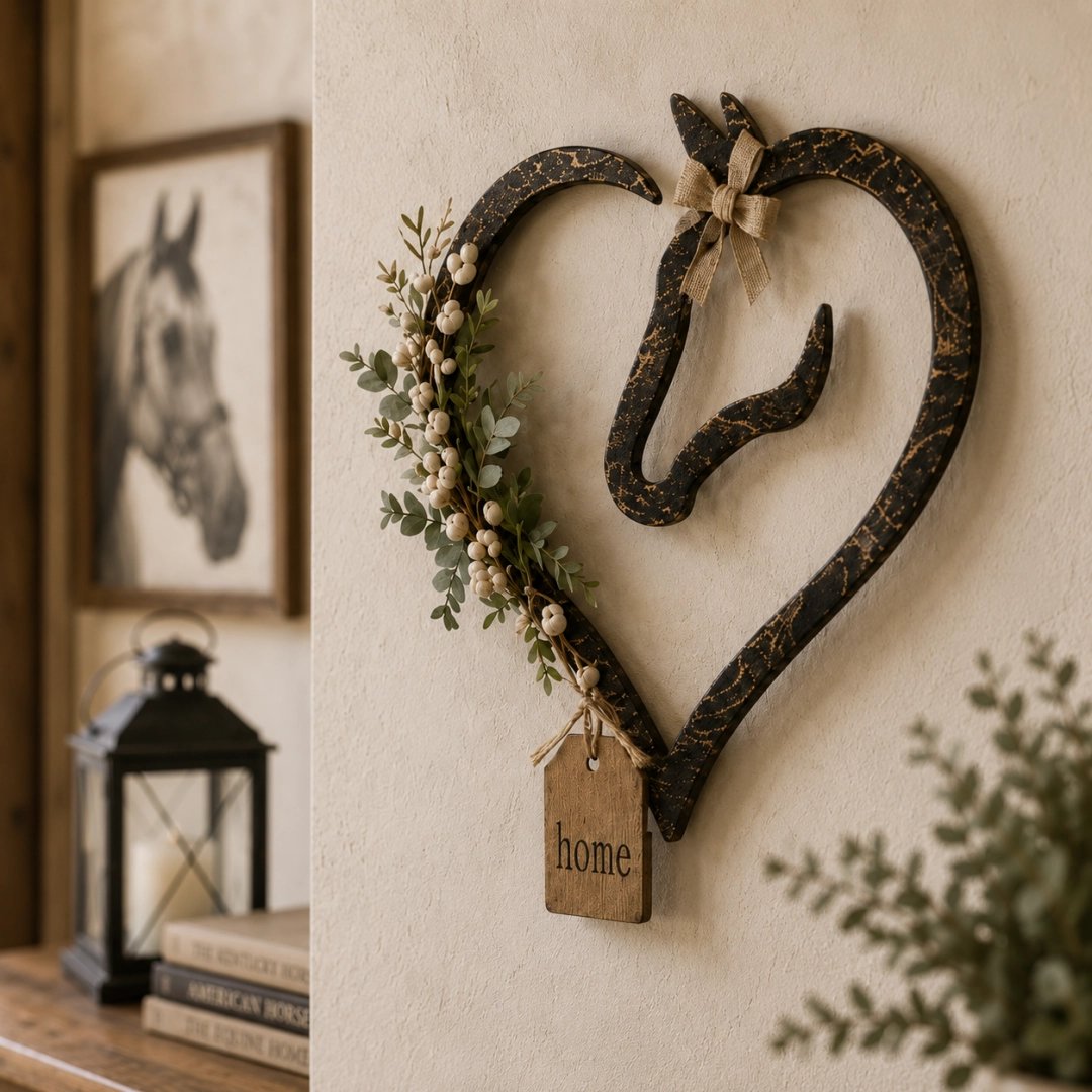 Rustieke wanddecoratie in de vorm van een paardenhart met groen – landelijke paarden-woondecoratie