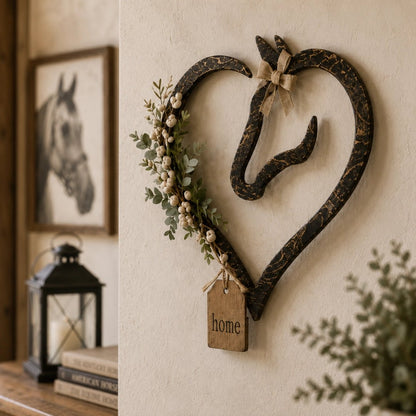Rustieke wanddecoratie in de vorm van een paardenhart met groen – landelijke paarden-woondecoratie
