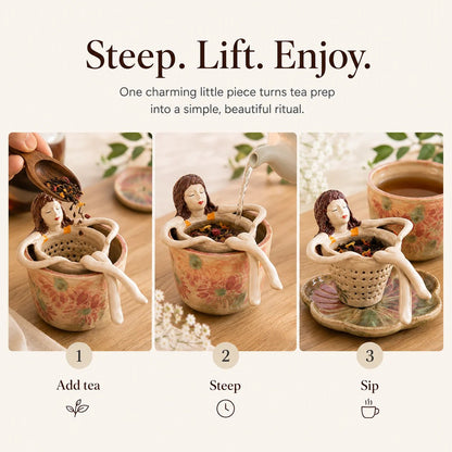 ☕🏺Collectie keramische theezeven met speelse afbeeldingen van zittende dames