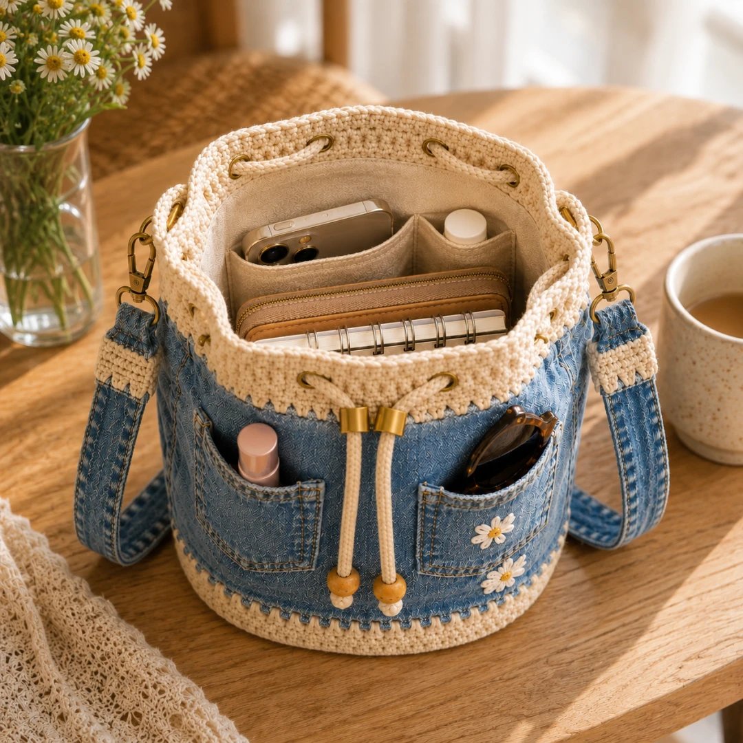 🔥SPECIALE AANBIEDING 50% KORTING✨👜Gehaakte bucketbag van denim