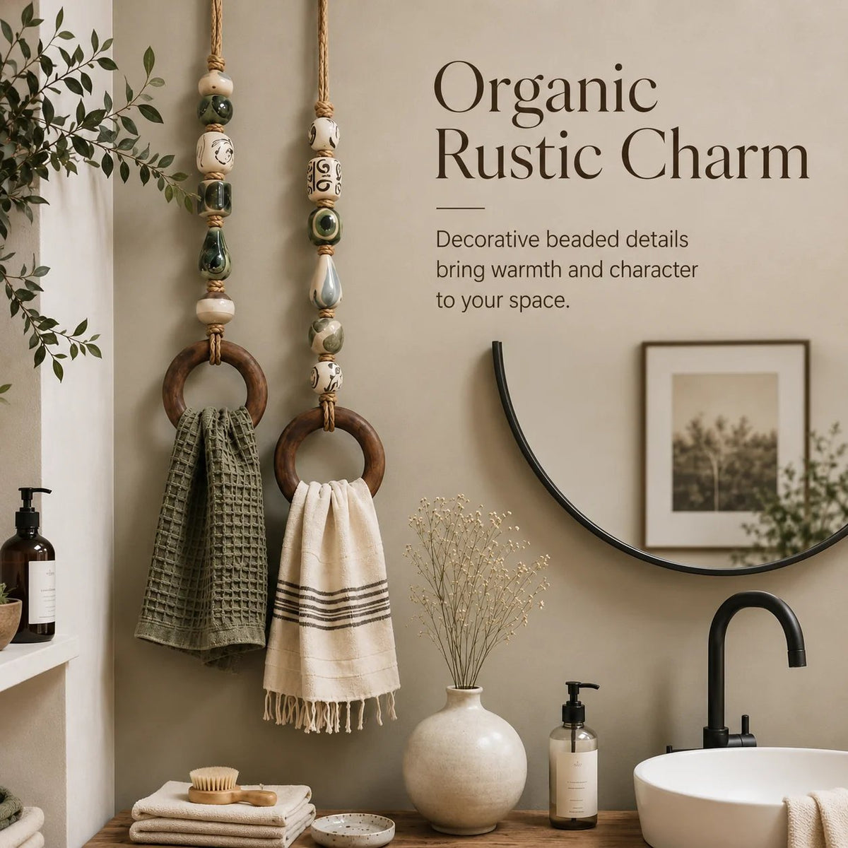 Decoratieve handdoekhanger met kralen en houten ring
