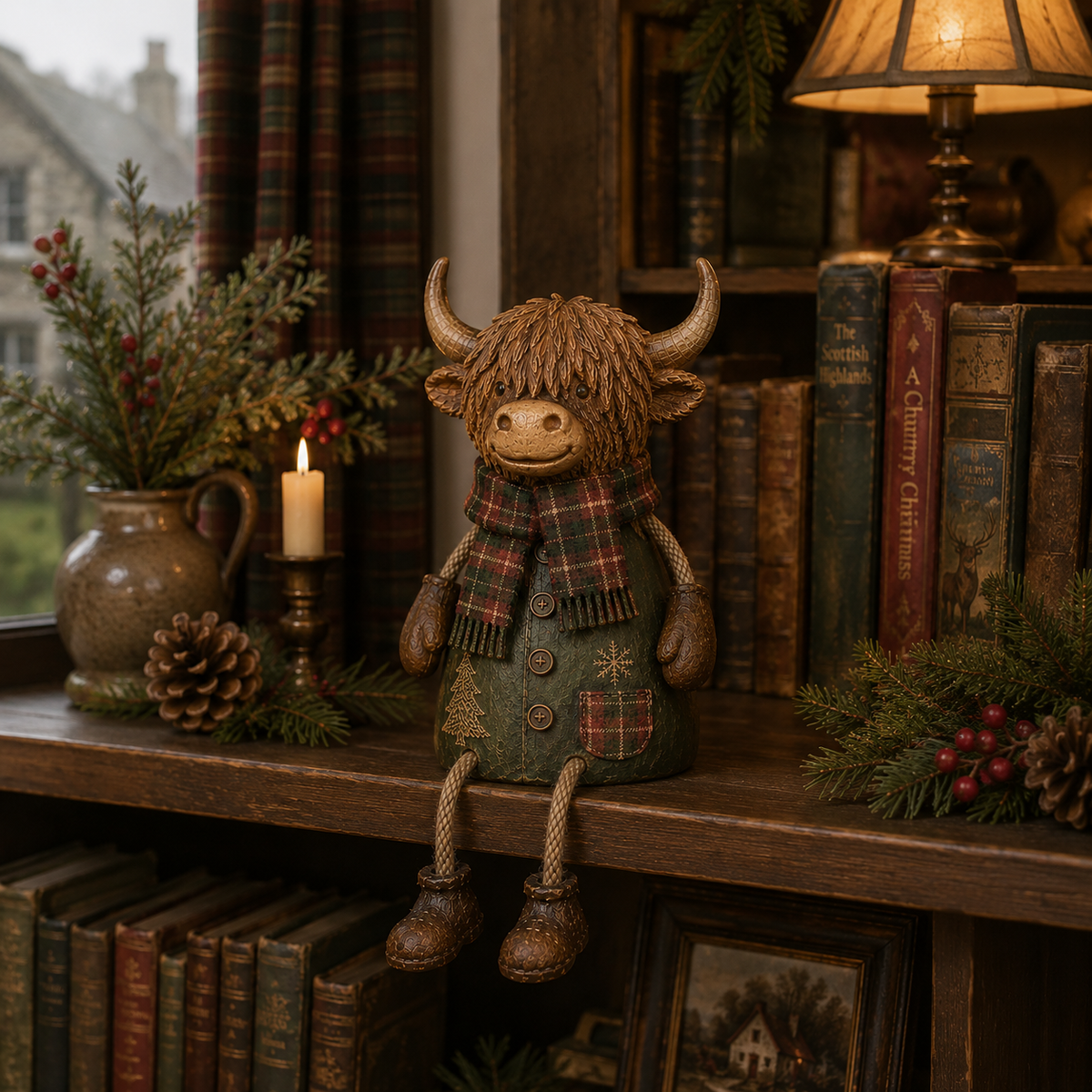 Feestelijke Highland Cow-figuren voor op de plank – Rustieke kerstdecoratie voor in huis
