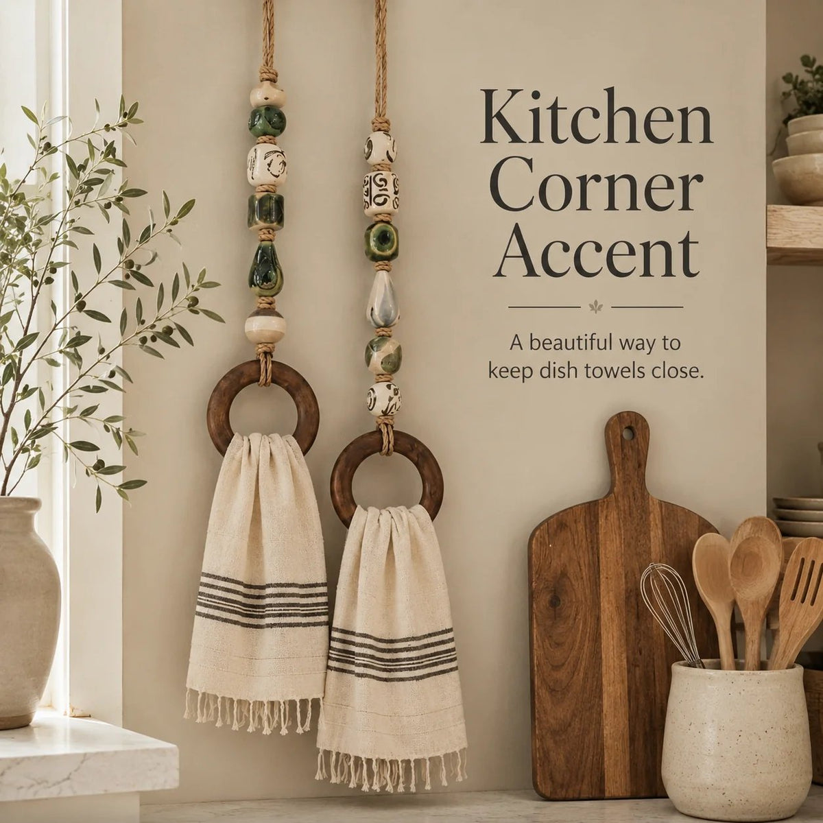 Decoratieve handdoekhanger met kralen en houten ring