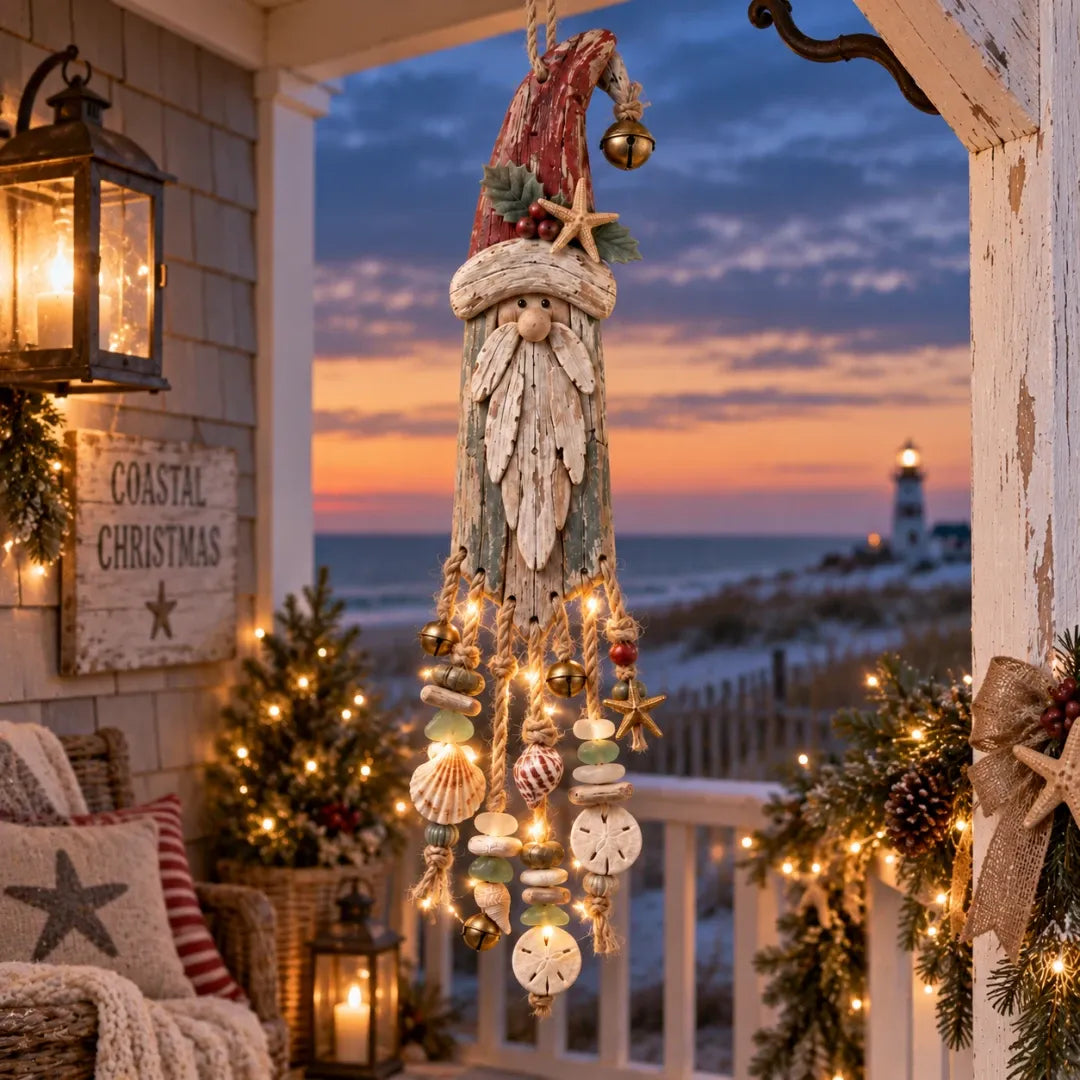 Vintage kustthema: verlichte kerstwandversiering met Kerstman – Kerstversiering voor het strandhuis met zeesterren, schelpen en een warme gloed