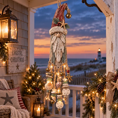 Vintage kustthema: verlichte kerstwandversiering met Kerstman – Kerstversiering voor het strandhuis met zeesterren, schelpen en een warme gloed