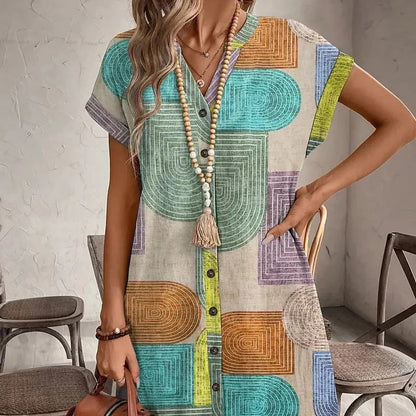 🌟Tijdelijke aanbieding 39% KORTING💯Elegante V-hals damesjurk met lange mouwen en geometrische prin